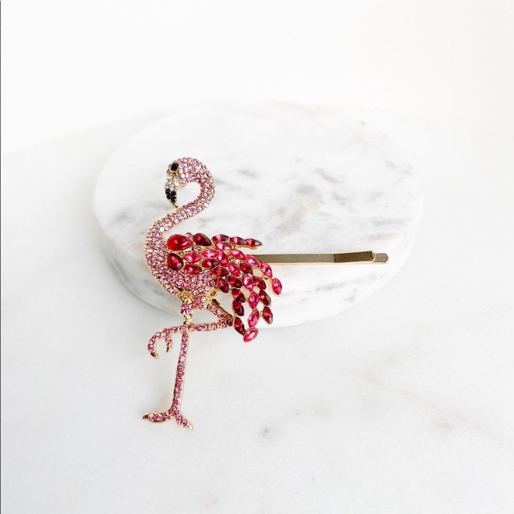 Pink Crystal Flamingo on a Gold Sliding Hairpin